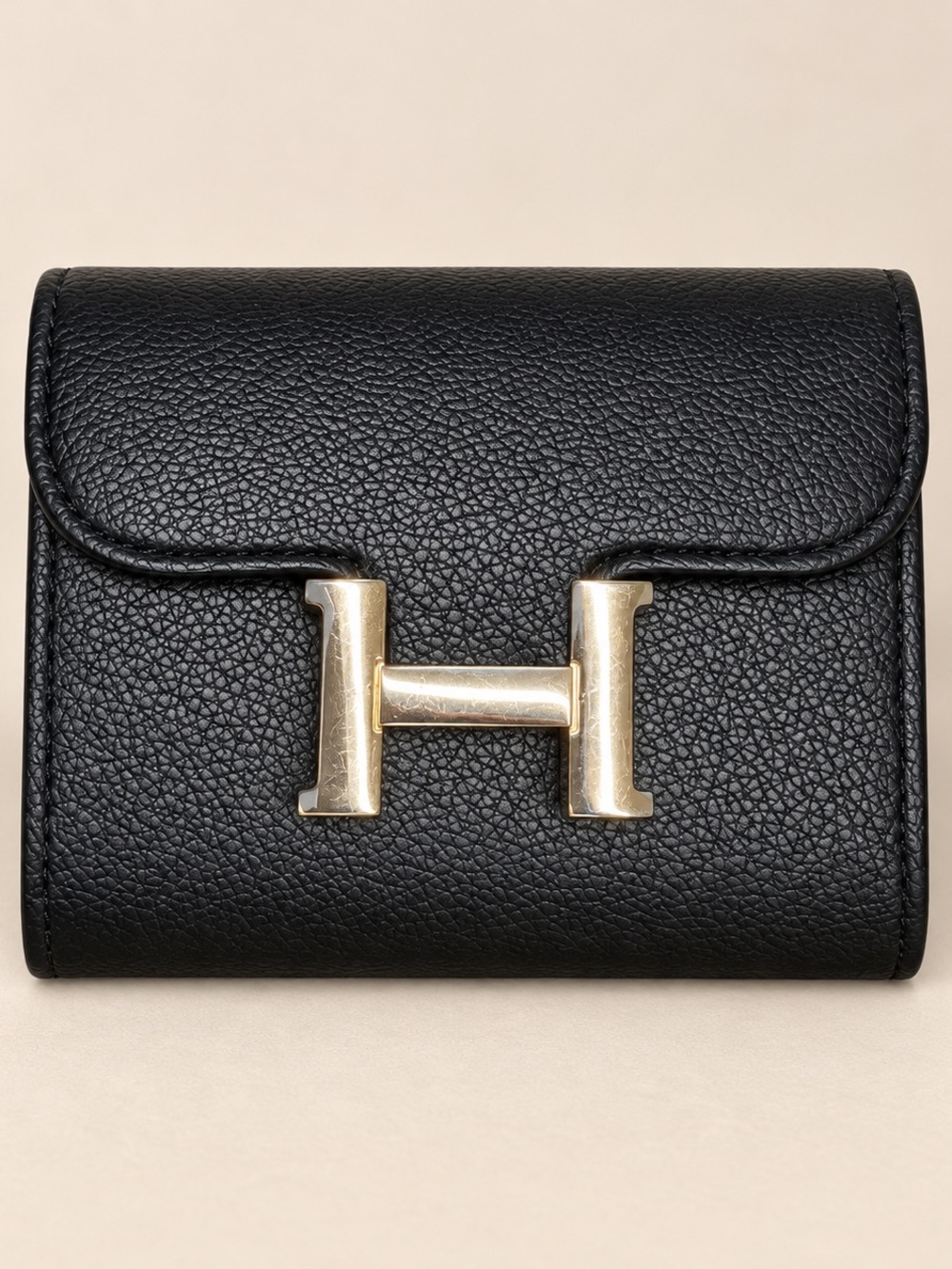 Black Leather Compact Wallet with Gold H Accent